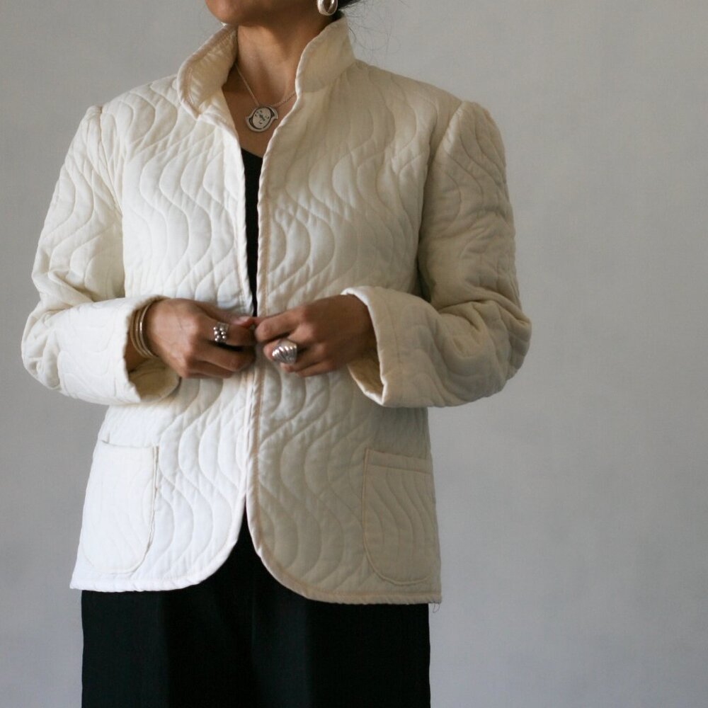 80's Cream Open Front Quilted Jacket Blazer
